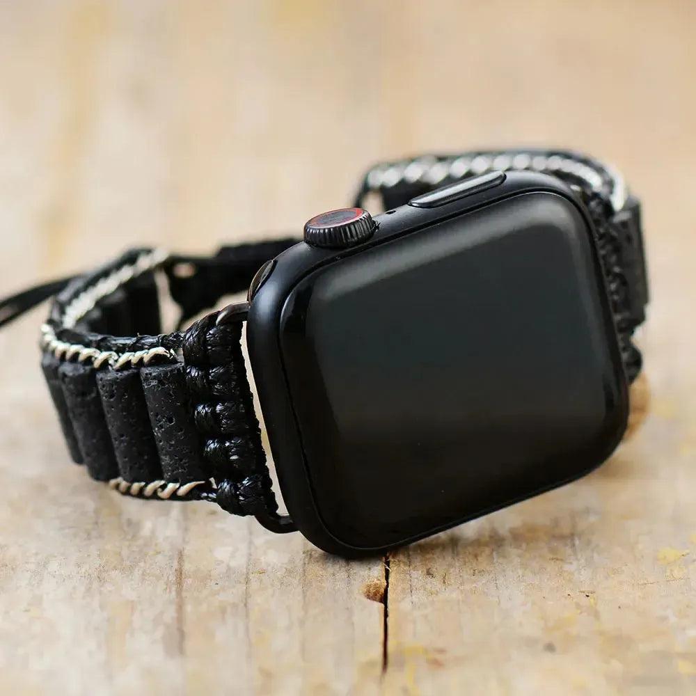 Black Lava Stone Apple iWatch band by Crystal Destiny, featuring porous beads and woven accents.