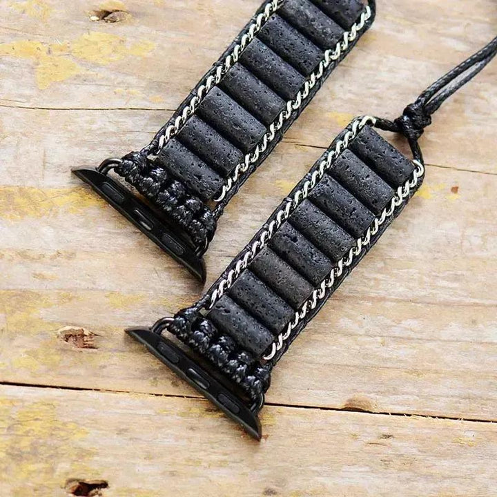 Handcrafted Lava Stone Apple iWatch Band with grounding energy, featuring porous black beads and silver chain accents.