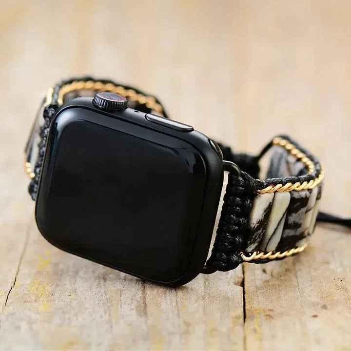 Lava Stone, Jasper, Tiger's Eye Apple iWatch Band. Grounding black lava and earthy jasper beads with gold accents.