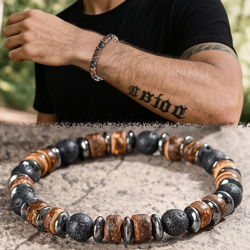 Men's Lava Stone, Wood, and Hematite Beaded Bracelet for grounding, protection, and vitality.