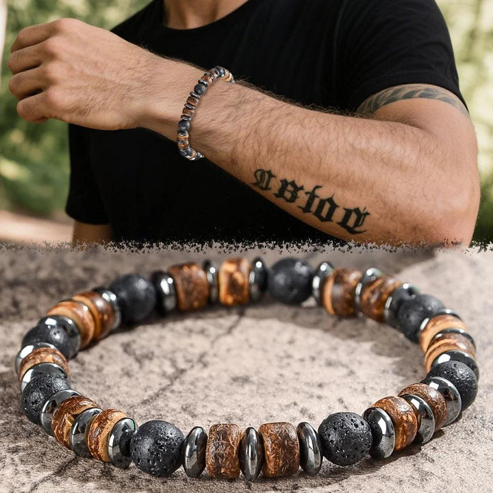 Men's Lava Stone, Wood, and Hematite Beaded Bracelet for grounding, protection, and vitality.