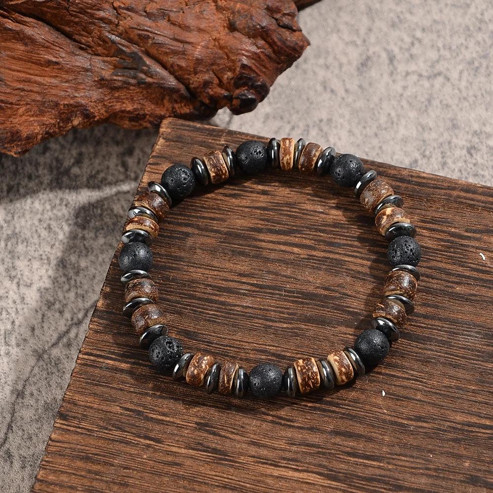 Men's Lava Stone, Wood, and Hematite Beaded Bracelet for grounding, protection, and vitality.