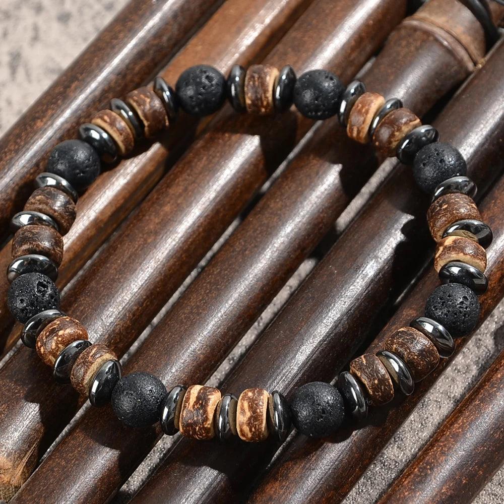 Men's Lava Stone, Wood, and Hematite Beaded Bracelet for grounding, protection, and vitality.