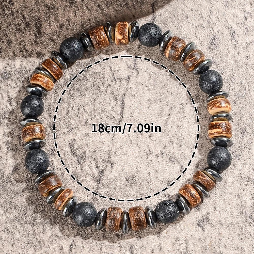 Men's Lava Stone, Wood, and Hematite Beaded Bracelet (18cm) for grounding, protection, and vitality.