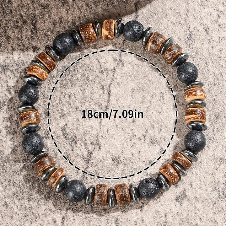 Men's Lava Stone, Wood, and Hematite Beaded Bracelet (18cm) for grounding, protection, and vitality.