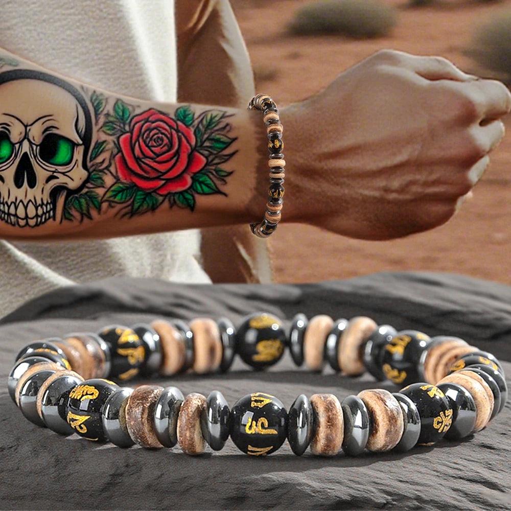 Men's Lava Stone, Wood, and Hematite Beaded Bracelet for grounding and vitality. Features black, brown, and metallic beads.