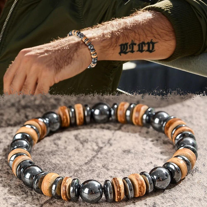 Men's Lava Stone, Wood, and Hematite Beaded Bracelet for grounding, protection, and vitality.