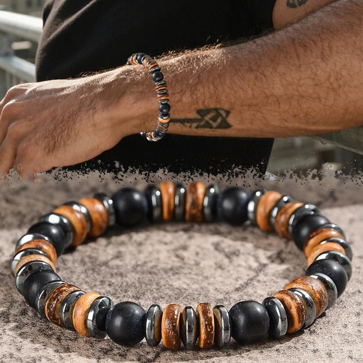 Men's Lava Stone, Wood, and Hematite Beaded Bracelet for grounding and strength.