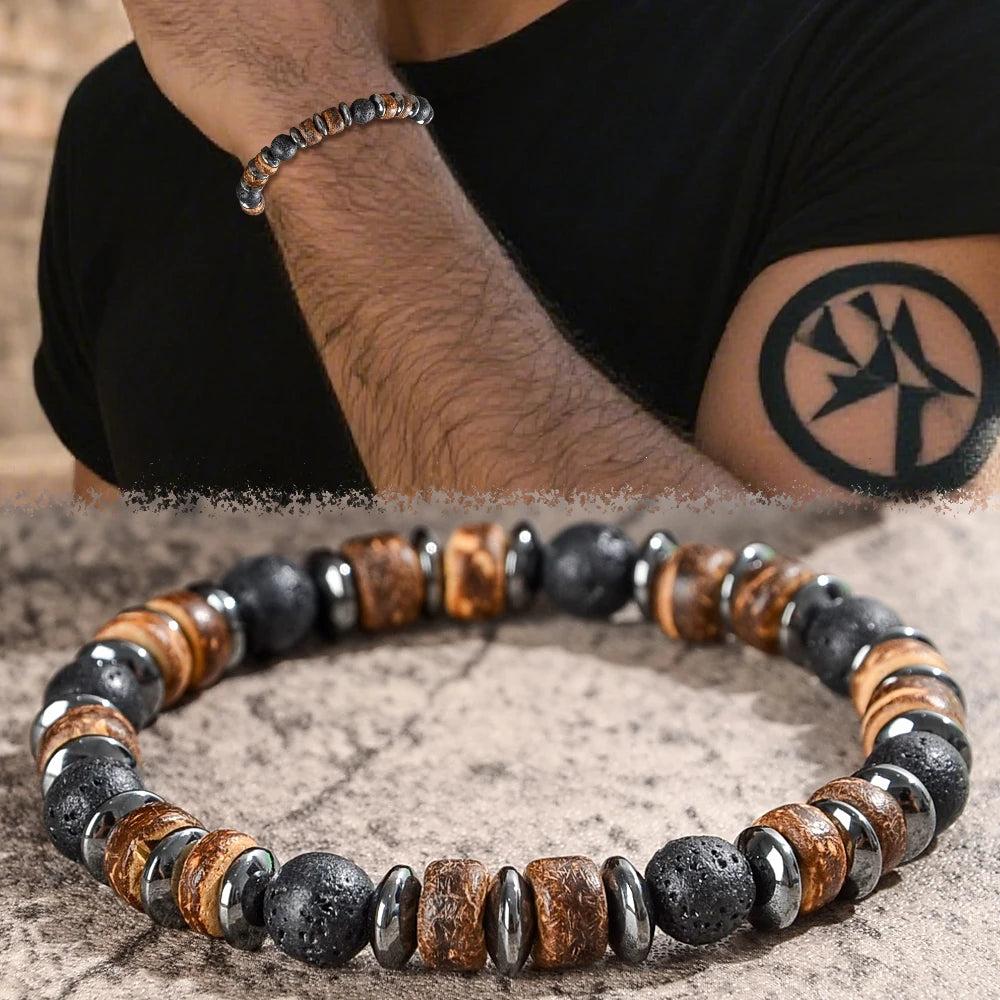 Men's Lava Stone, Wood, and Hematite Beaded Bracelet for grounding, protection, and vitality.