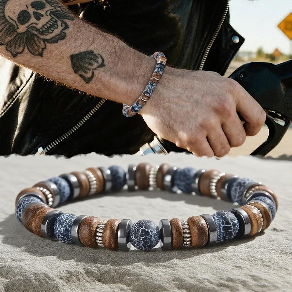 Lava Stone, Wood and Hematite Beaded Bracelet for Men, offering grounding energy and strength.
