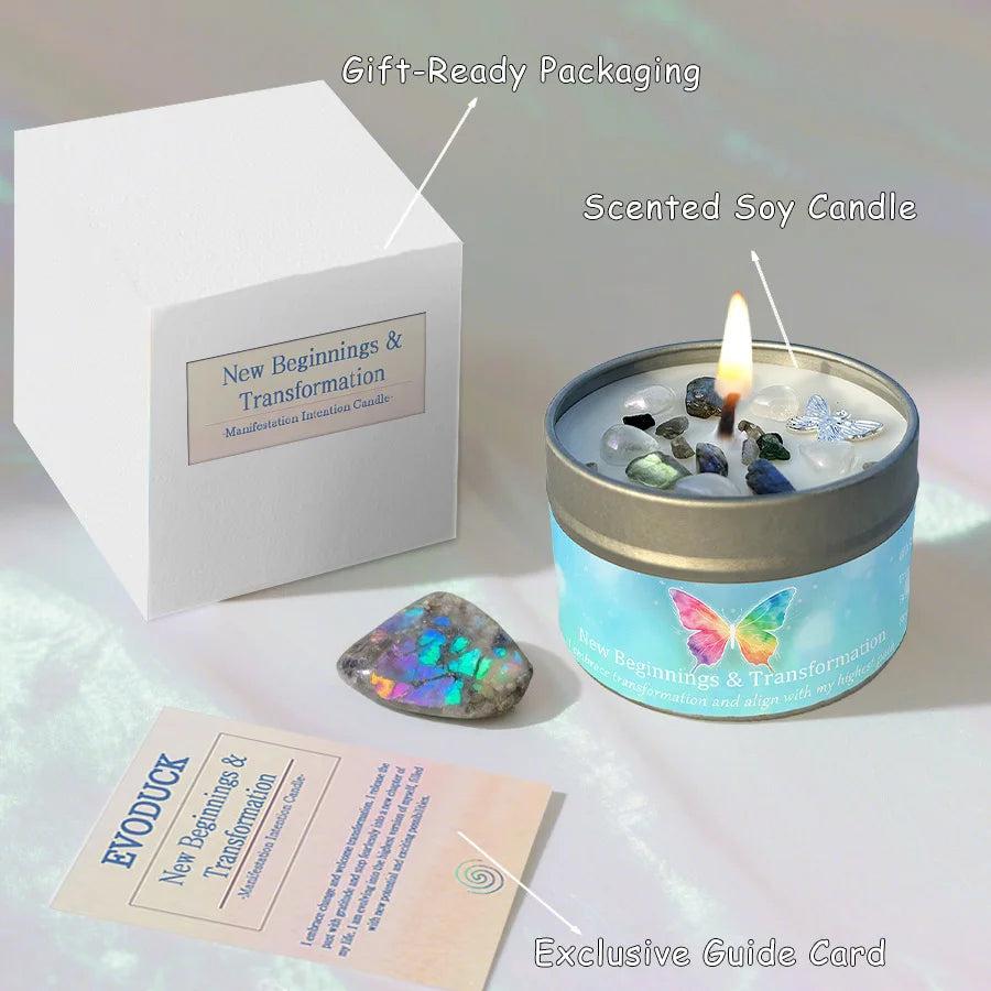 Lemon Peppermint "New Beginnings & Transformation" intention candle tin with Labradorite, crystals, and a butterfly charm.