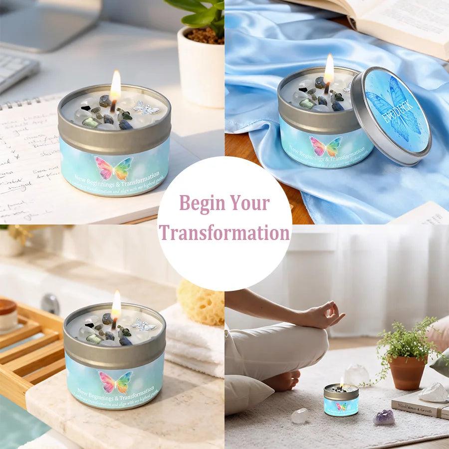 Lemon Peppermint "New Beginnings & Transformation" crystal-infused candle in a blue tin with a butterfly design.