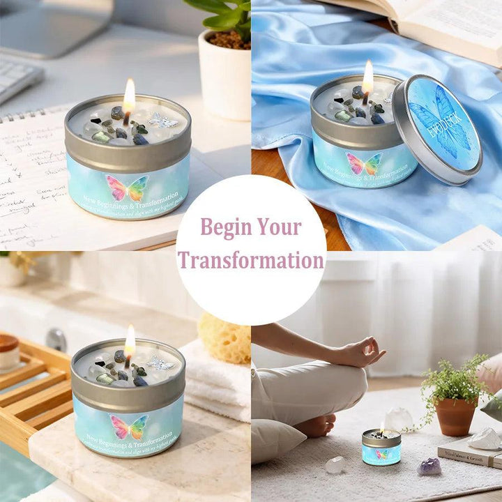 Lemon Peppermint "New Beginnings & Transformation" crystal-infused candle in a blue tin with a butterfly design.