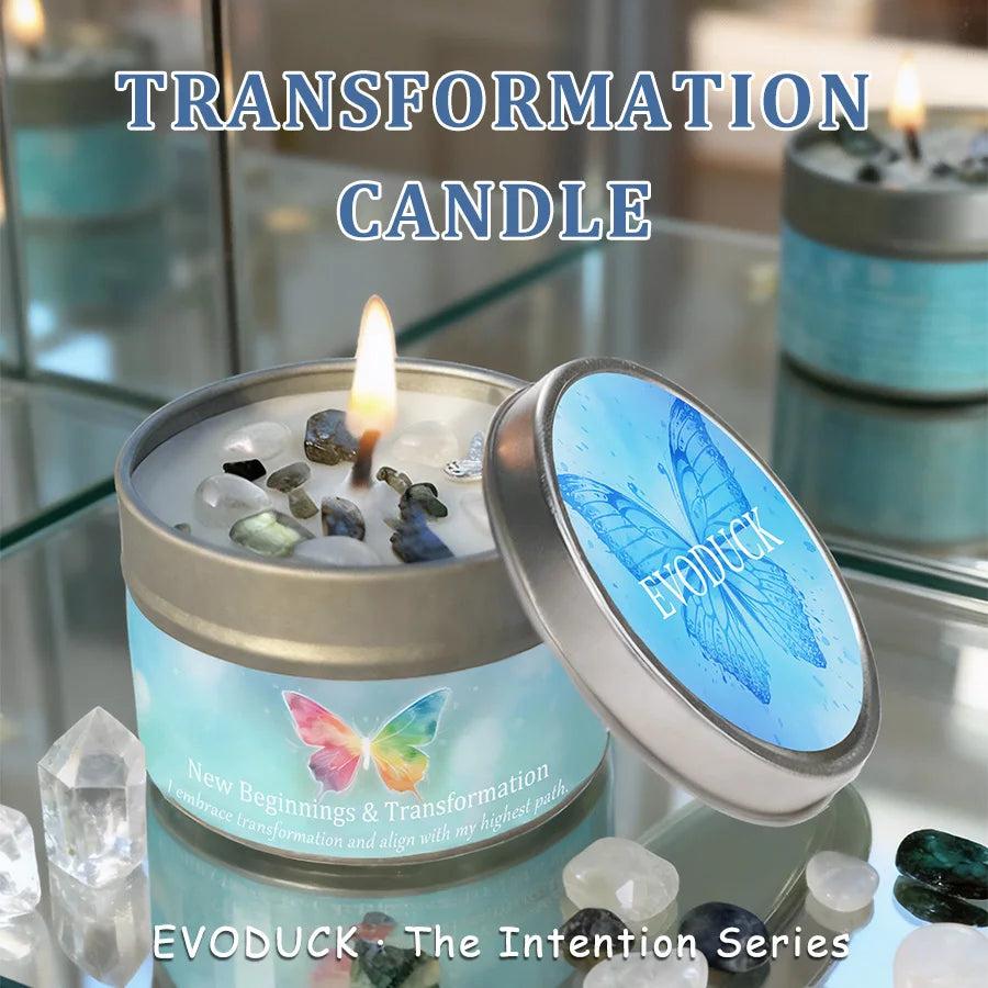 Lemon Peppermint Transformation Candle tin with Labradorite crystals, a lit wick, and a butterfly design.