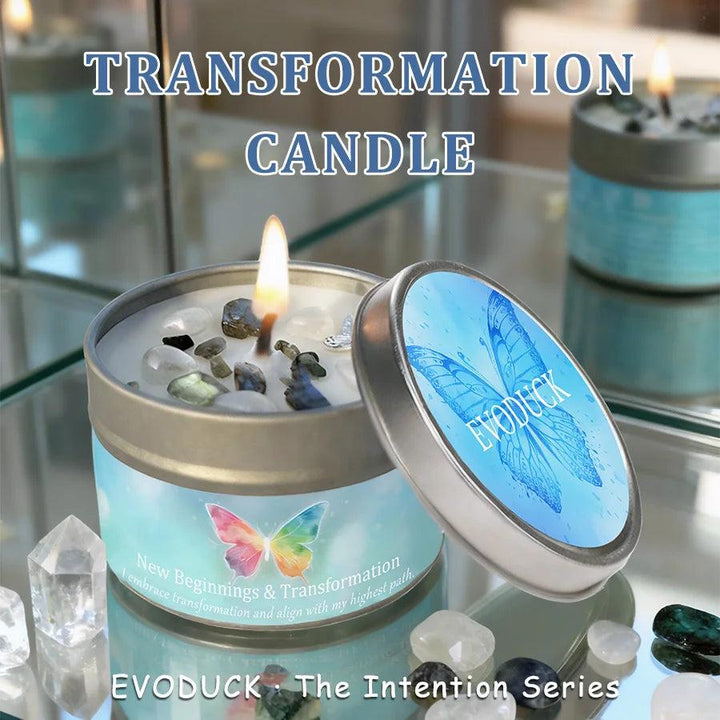 Lemon Peppermint Transformation Candle tin with Labradorite crystals, a lit wick, and a butterfly design.