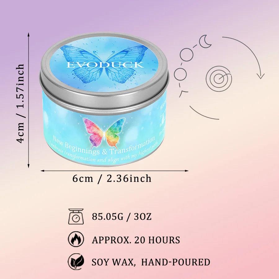 Blue butterfly-adorned "New Beginnings" intention candle tin with a vibrant crystal, soy wax, and 20-hour burn time.