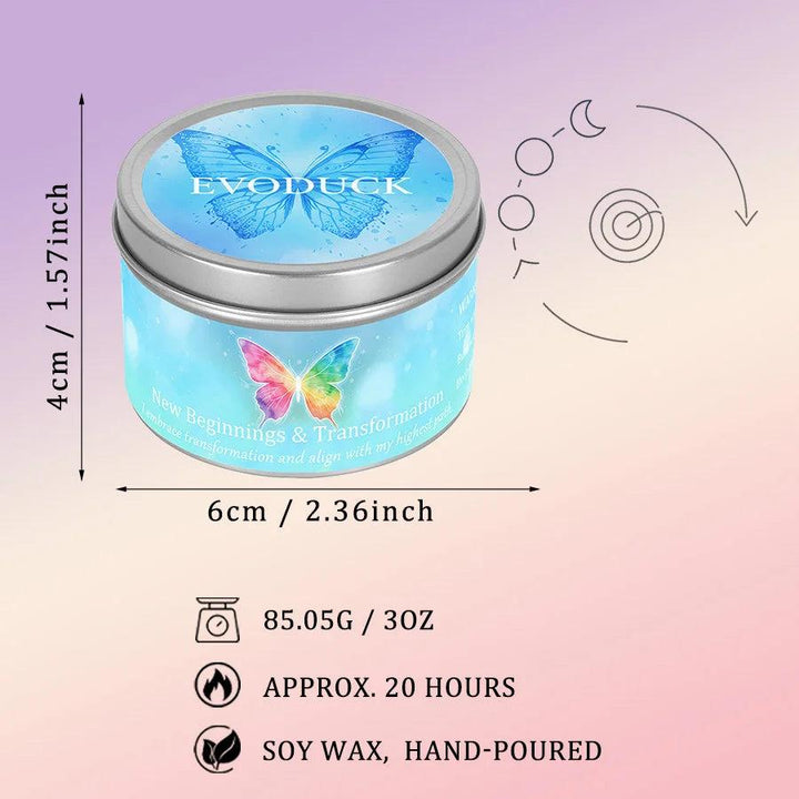 Blue butterfly-adorned "New Beginnings" intention candle tin with a vibrant crystal, soy wax, and 20-hour burn time.