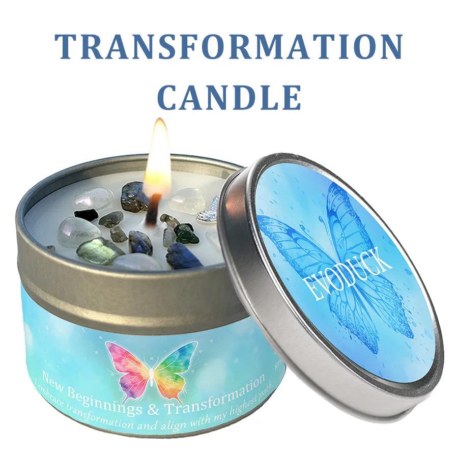 Lemon Peppermint Transformation Candle tin with a lit wick, infused with dark and light crystals for new beginnings.