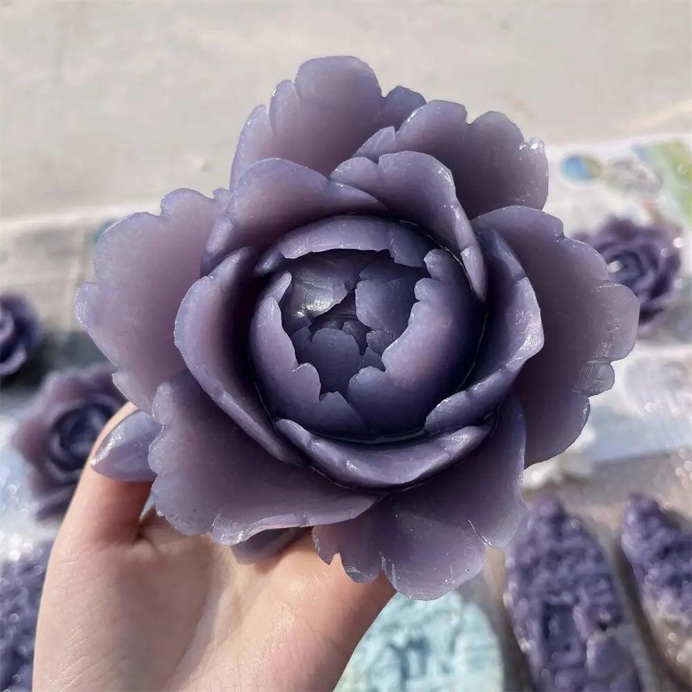 Hand-carved Lepidolite flower sculpture in soft lavender with shimmering mica, perfect for calming meditation spaces.
