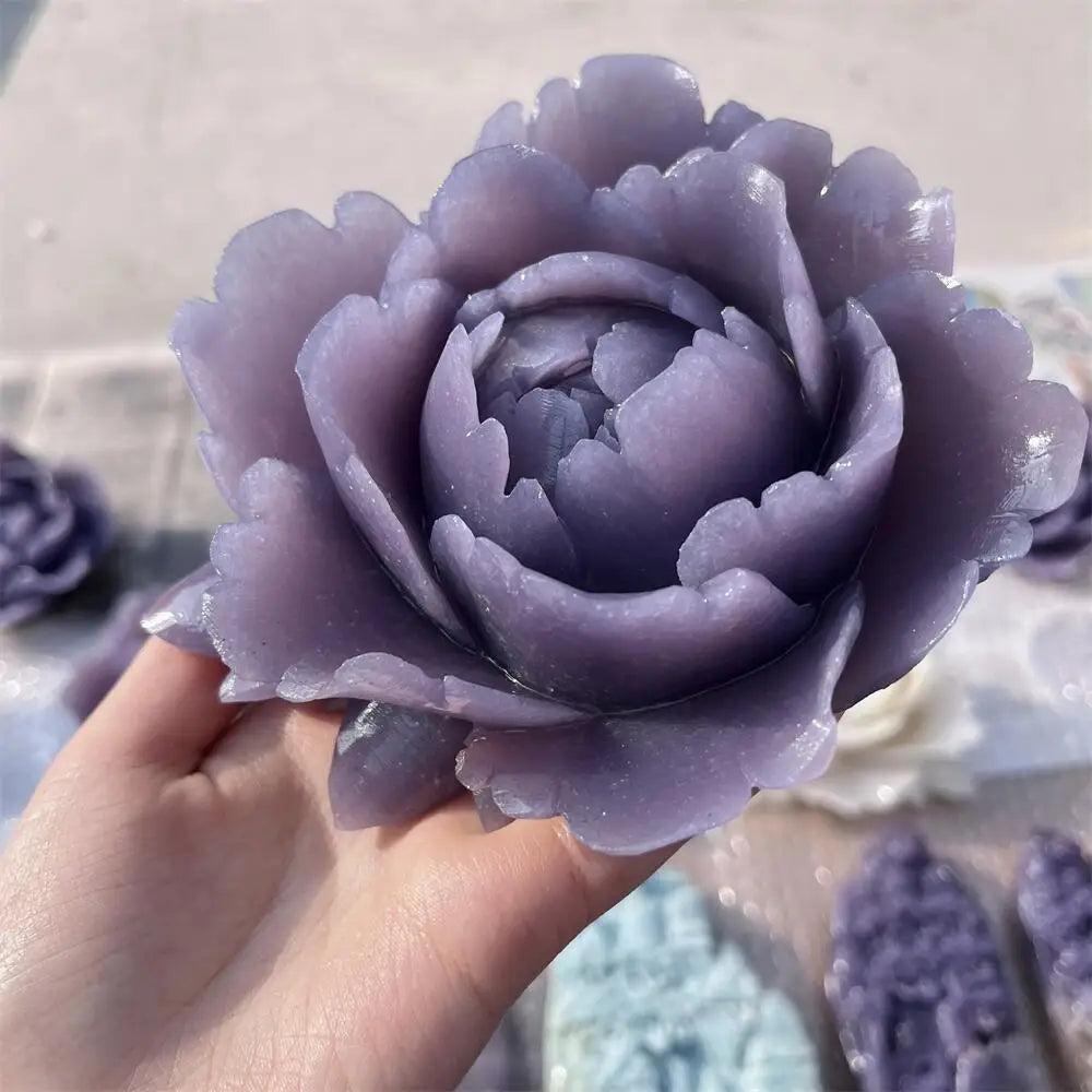 Hand-carved lavender lepidolite flower sculpture with shimmering mica, perfect for calming energy and chakra healing.