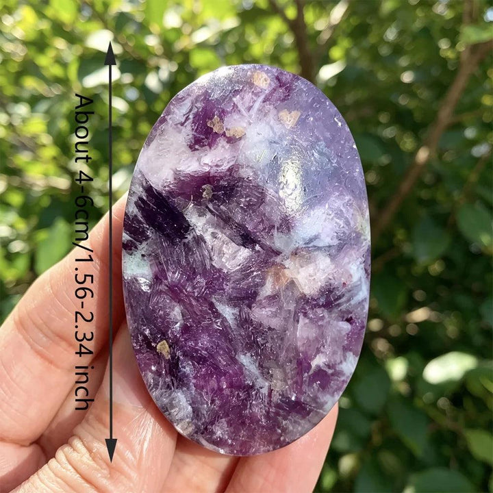 Polished violet-purple lepidolite palm stone crystal for healing, home decor, and collectors.