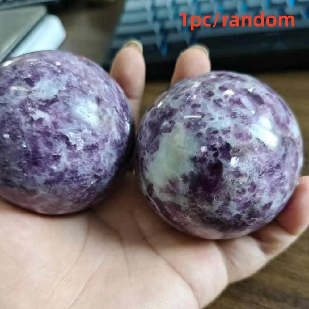 Polished natural Lepidolite crystal sphere with purple mica, perfect for boho home decor and calming energy healing.