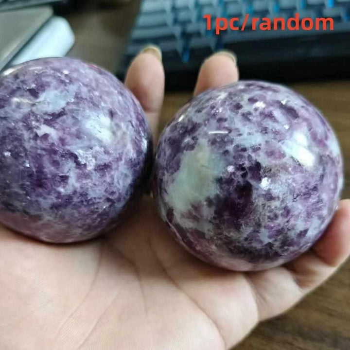 Polished natural Lepidolite crystal sphere with purple mica, perfect for boho home decor and calming energy healing.