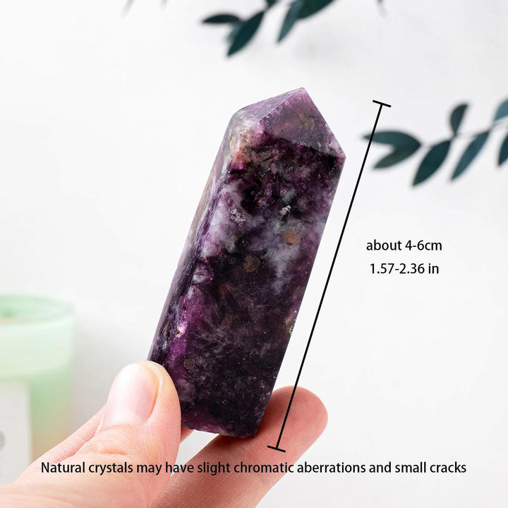 Natural Lepidolite crystal tower wand, a 4-6cm purple gemstone point for healing, meditation, and home decor.
