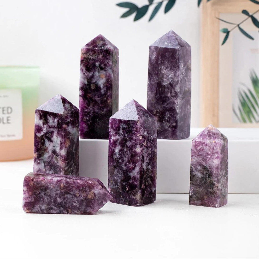 Natural Lepidolite crystal point wand tower for healing, featuring deep purple gemstone textures for home decor.