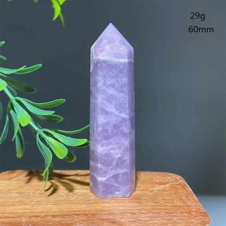 Polished lilac Lepidolite tower point, 60mm tall, for calming energy and chakra balancing.