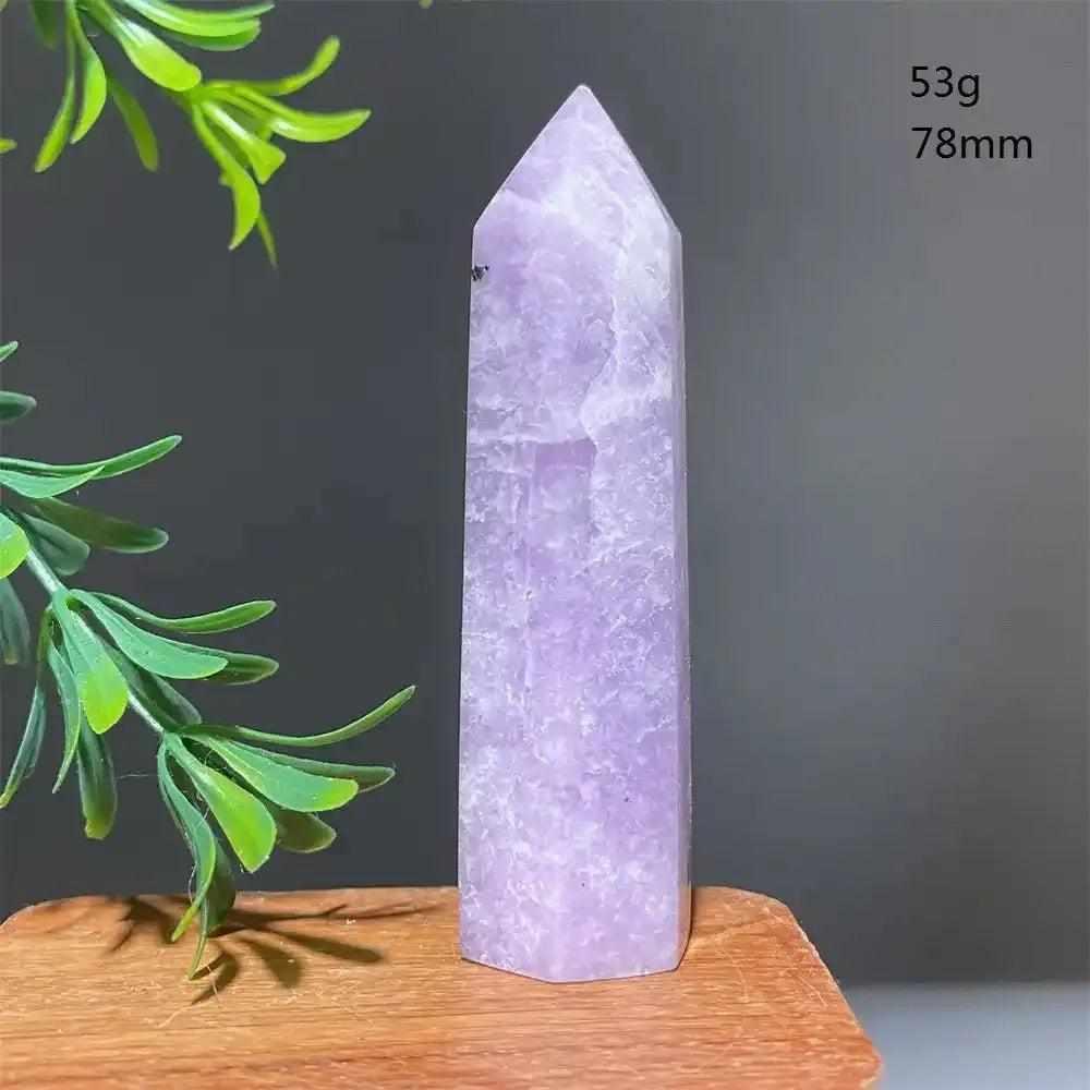Polished lilac Lepidolite tower point, 53g and 78mm, a calming crystal for focus and Heart Chakra healing.