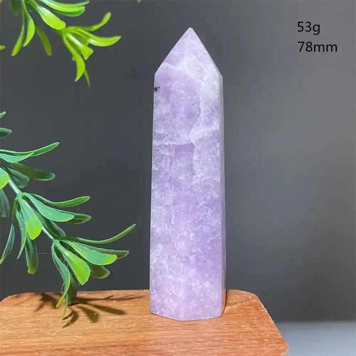 Polished lilac Lepidolite tower point, 53g and 78mm, a calming crystal for focus and Heart Chakra healing.