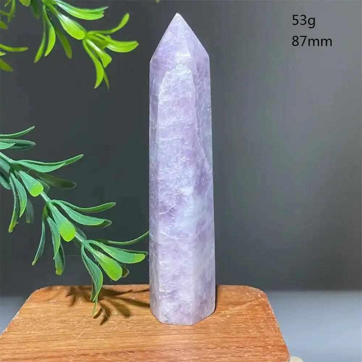 Polished 53g Lepidolite tower point in soft lilac with a sparkling shimmer, perfect for calming energy and meditation.