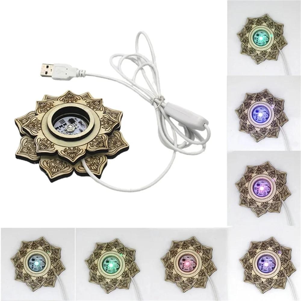 Wooden lotus LED crystal ball stand with USB cable, displaying 7 different ambient light colors.
