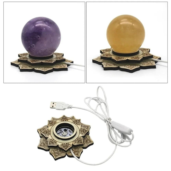 Lotus LED wooden crystal ball stand with amethyst and citrine spheres, featuring a warm glowing base.
