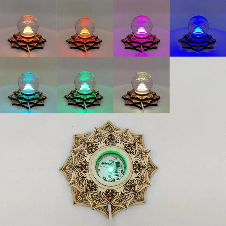 Lotus LED wooden crystal ball stand with a clear sphere, displaying 7 different ambient light colors.