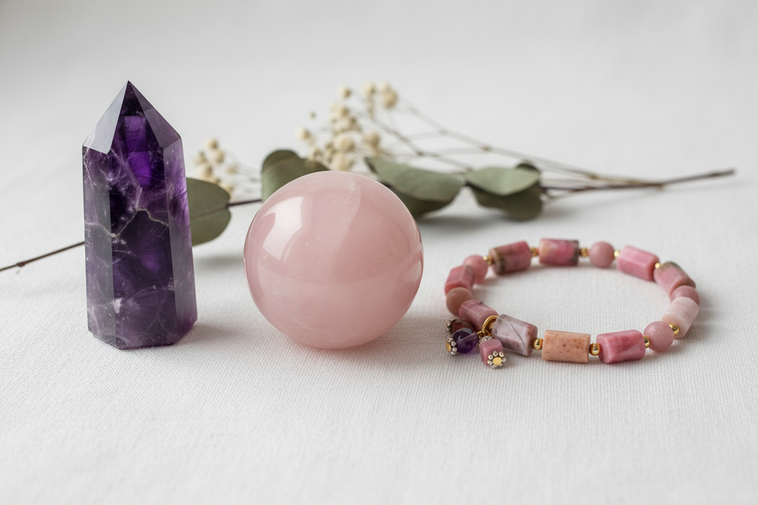 Love & Relationships Crystal Bundle | Amethyst, Rose Quartz & Rhodonite