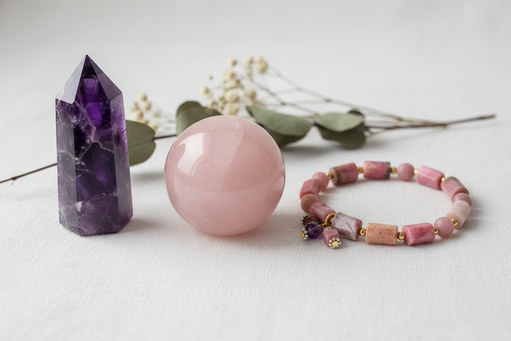 Love & Relationships Crystal Bundle | Amethyst, Rose Quartz & Rhodonite