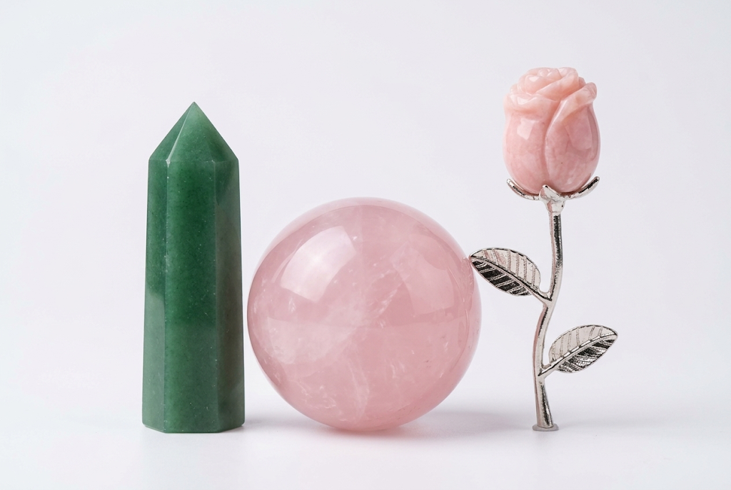 Love and Relationships Crystal Bundle: Green Aventurine tower, Rose Quartz sphere and Pink Opal rose carving