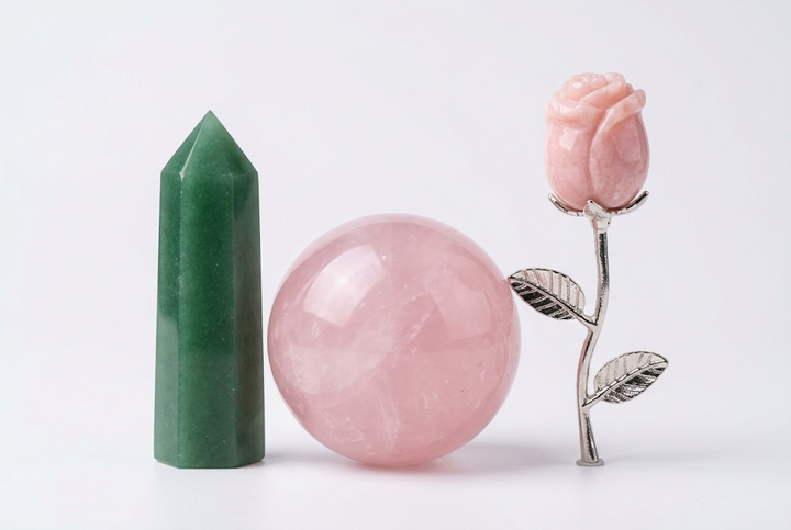 Love and Relationships Crystal Bundle: Green Aventurine tower, Rose Quartz sphere and Pink Opal rose carving