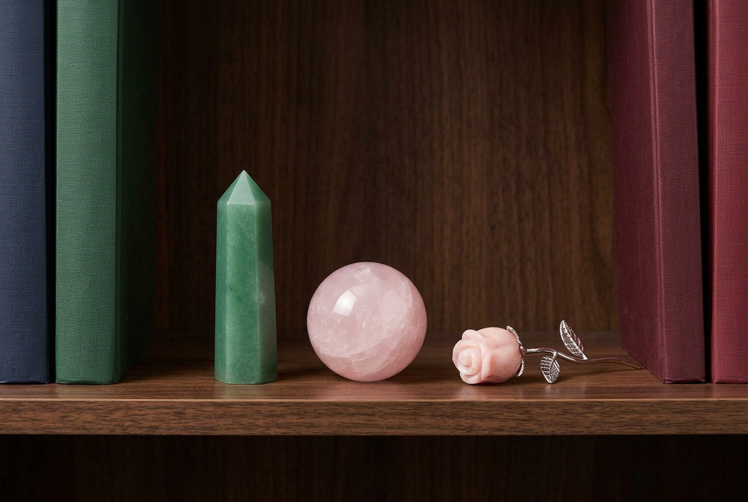 Love & Relationships crystal set: Green Aventurine, Rose Quartz and Pink Opal on a bookshelf
