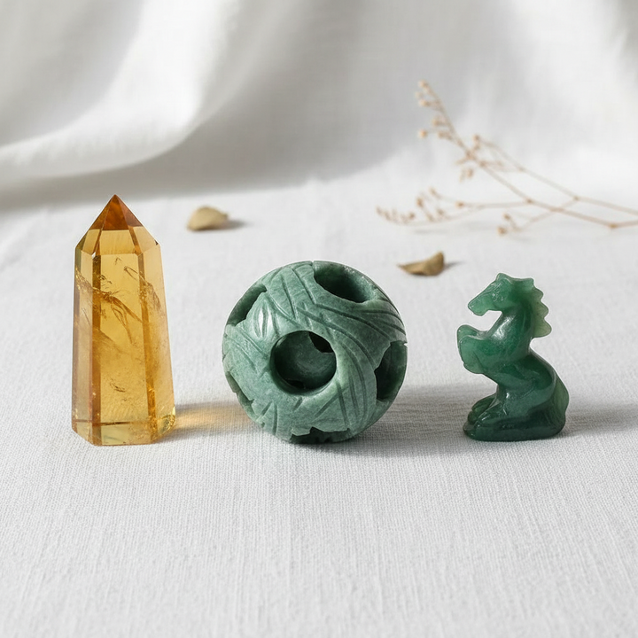 Citrine Tower, Jade 3 in 1 Sphere and Green Aventurine horse  bundle
