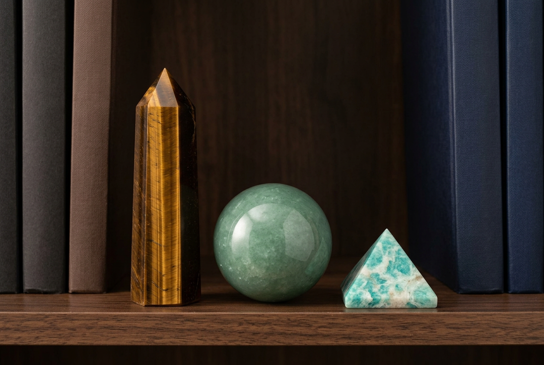 Luck & Good Fortune crystal set: Tiger's Eye, Green Aventurine and Amazonite on a bookshelf