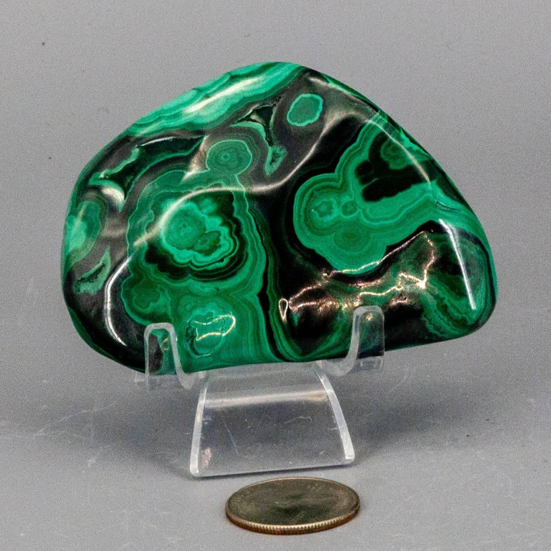 Polished Malachite Freeform Crystal, rich banded green with swirling eye patterns, ideal for Heart and Third Eye Chakras.