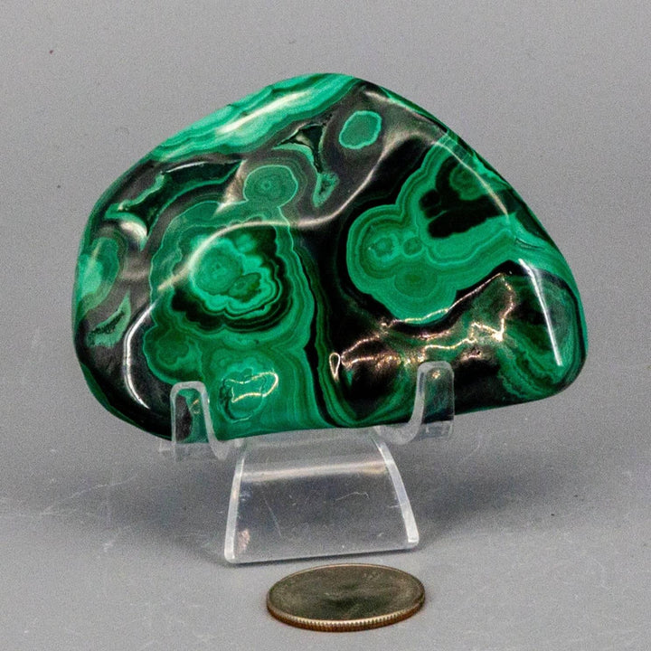 Polished Malachite Freeform Crystal, rich banded green with swirling eye patterns, ideal for Heart and Third Eye Chakras.