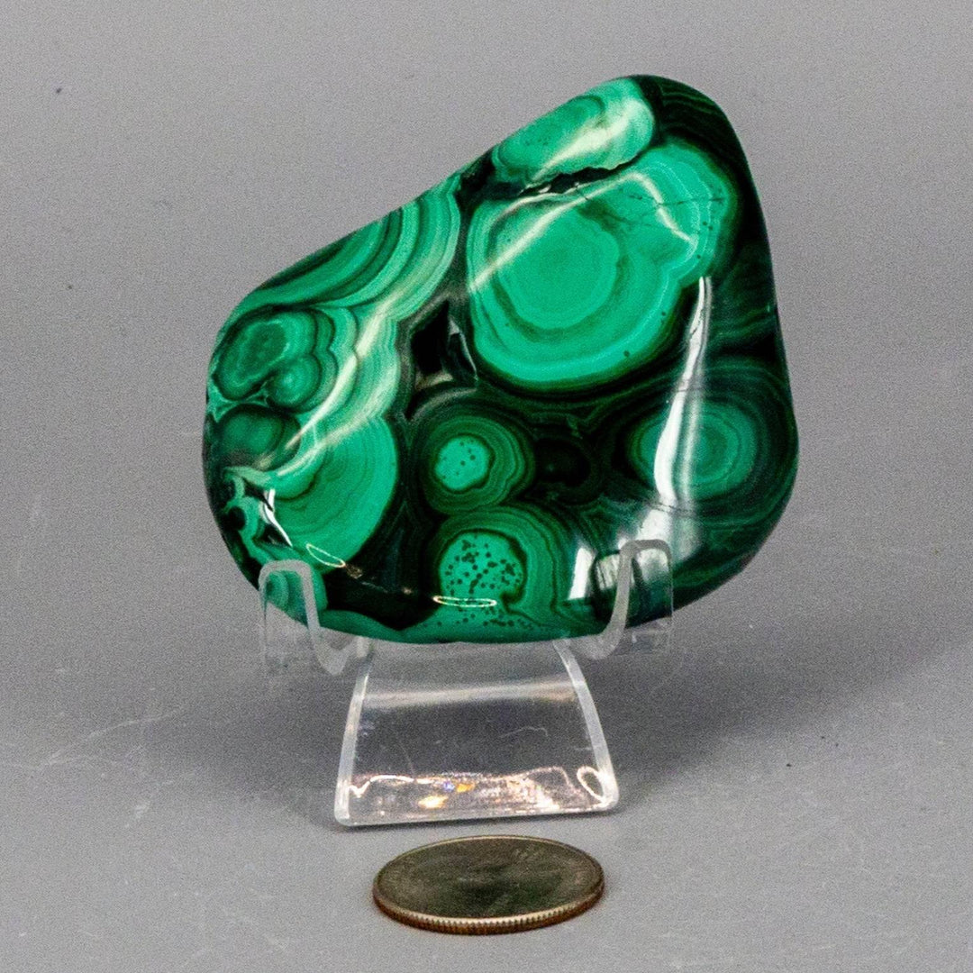Polished Malachite Freeform Crystal, rich banded green with swirling eye patterns, promoting Heart & Third Eye Chakra healing.