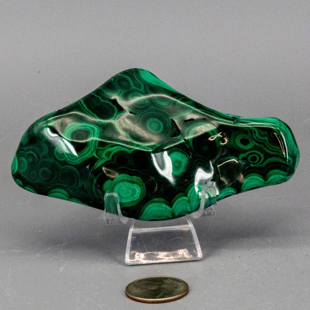 Polished Malachite Freeform Crystal, rich banded green with swirling eyes, perfect for Heart & Third Eye Chakras.