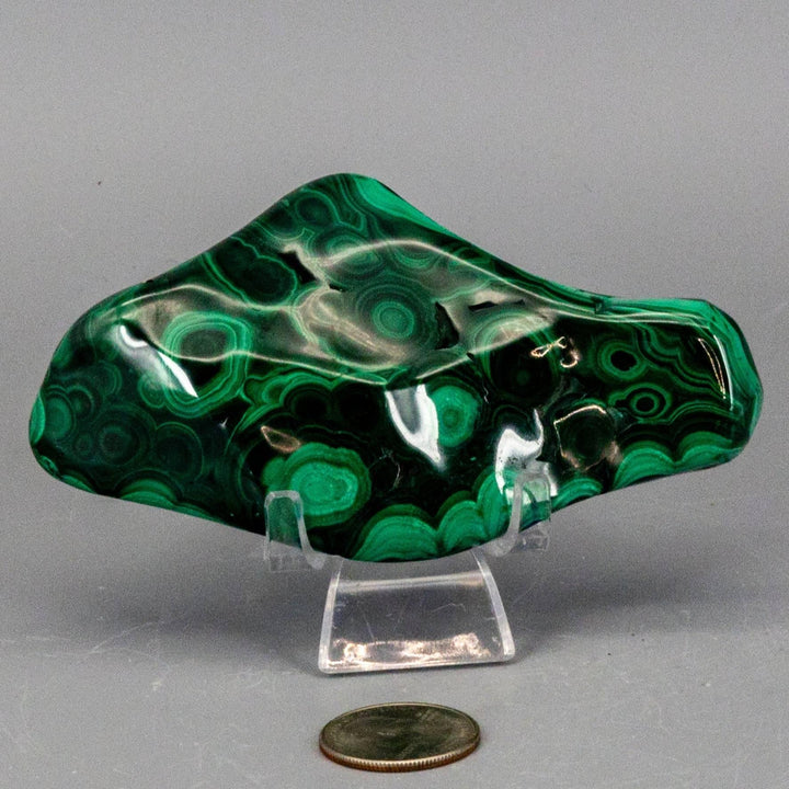 Polished Malachite Freeform Crystal, rich banded green with swirling eyes, perfect for Heart & Third Eye Chakras.
