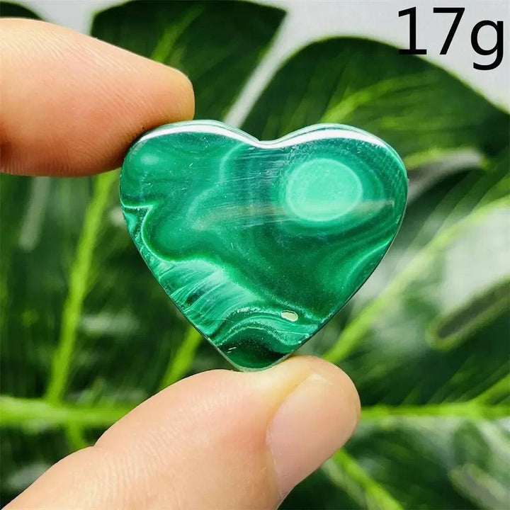 Polished Malachite Crystal Heart, 17g, with deep forest green bands, promoting emotional healing and spiritual growth.