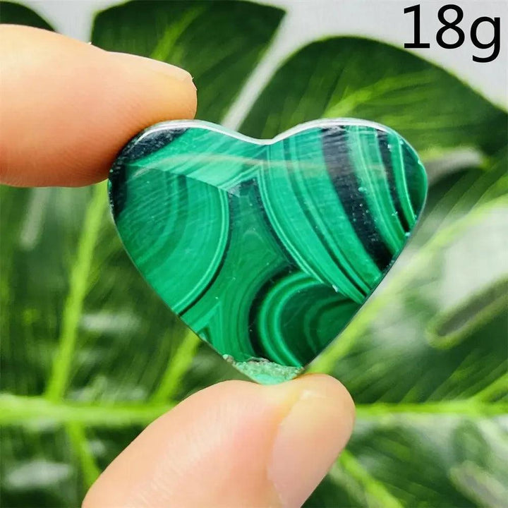 Malachite Crystal Heart, 18g, with mesmerizing deep forest green bands, radiating powerful protective energy.